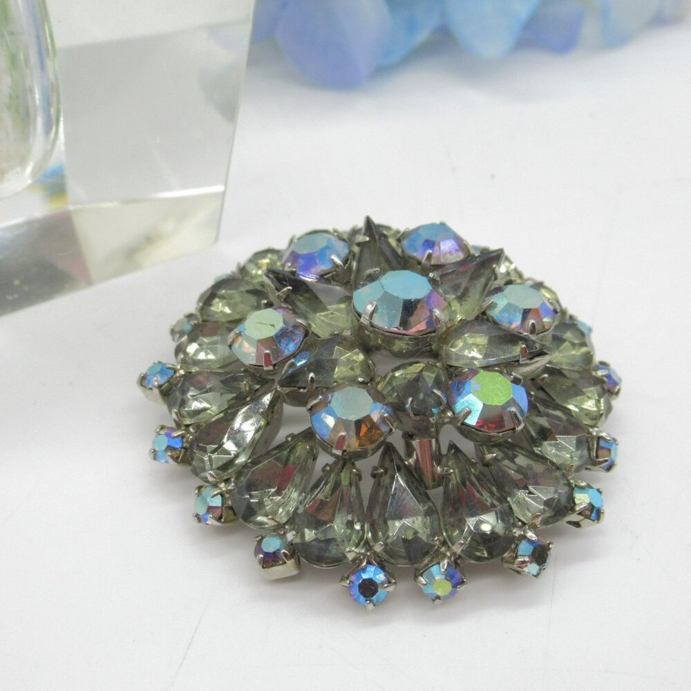 Vintage Smoky Quartz AB Rhinestone Brooch Large Round Unsigned Beauty